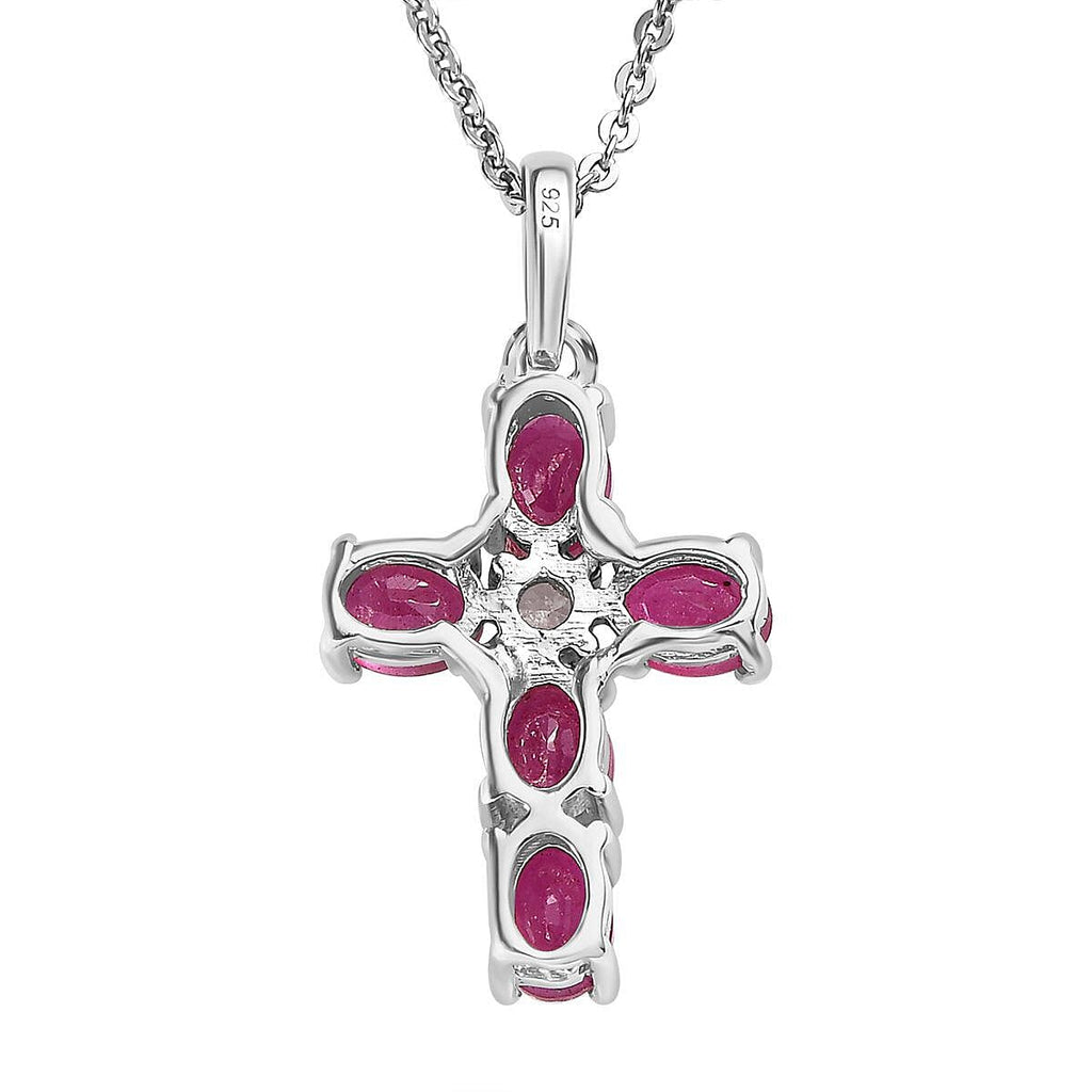 Close Out Deal- Premium African Ruby and Natural Cambodian Zircon Cross Pendant with Chain (Size 20) in Platinum Overlay Sterling Silver 1.35 Ct