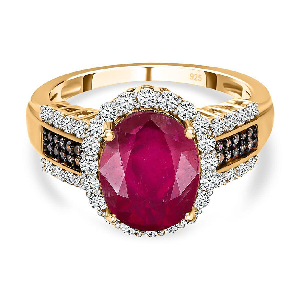 African Ruby, Natural Zircon and Champagne Diamond Ring in 18K Yellow Gold Vermeil Plated Sterling Silver 6.44 Ct