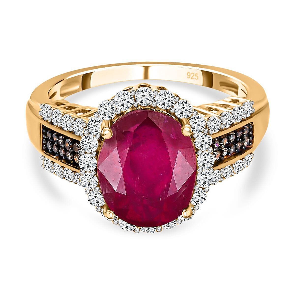 African Ruby, Natural Zircon and Champagne Diamond Ring in 18K Yellow Gold Vermeil Plated Sterling Silver 6.44 Ct 7445846 6