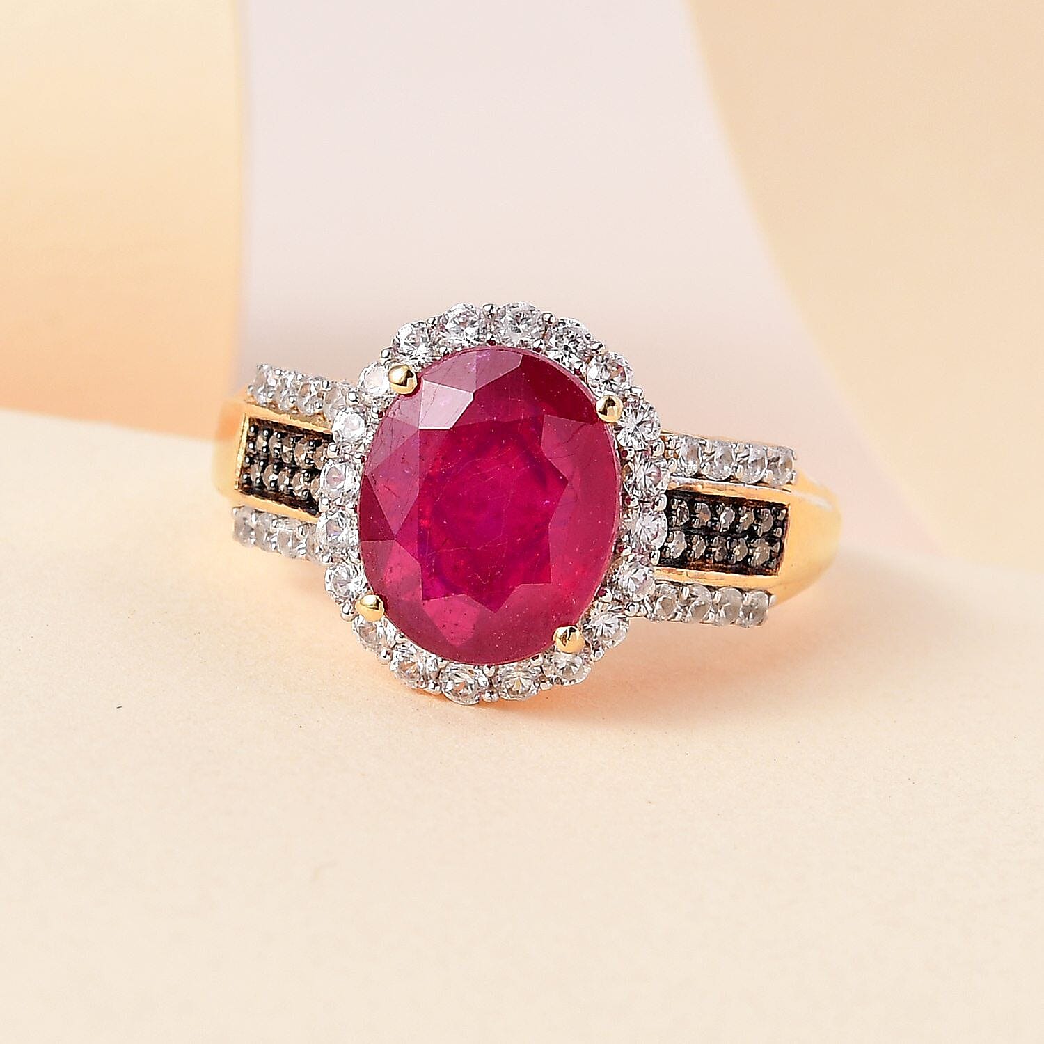 African Ruby, Natural Zircon and Champagne Diamond Ring in 18K Yellow Gold Vermeil Plated Sterling Silver 6.44 Ct 7445846 7