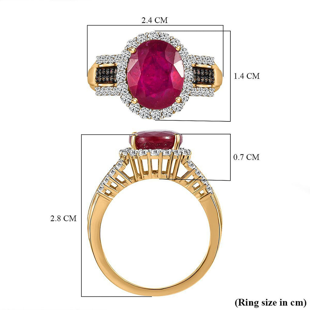 African Ruby, Natural Zircon and Champagne Diamond Ring in 18K Yellow Gold Vermeil Plated Sterling Silver 6.44 Ct
