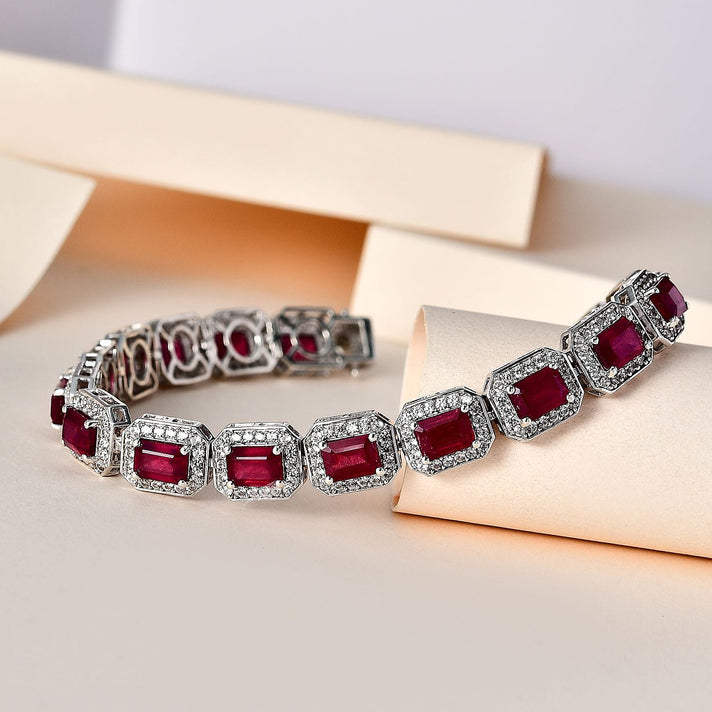 African Ruby and White Zircon Cluster Bracelet (Size - 7.5 Inch) in Platinum Overlay Sterling Silver 28.72 ct 7657205 2