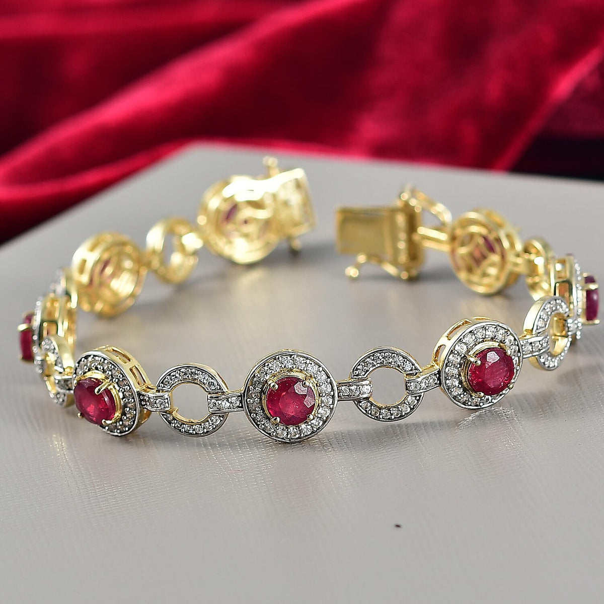 African Ruby, White Zircon Halo Bracelet (Size 7.5) with GB Box Clasp in Yellow Gold Plated Sterling Silver 14.27 Ct. 8206926 1