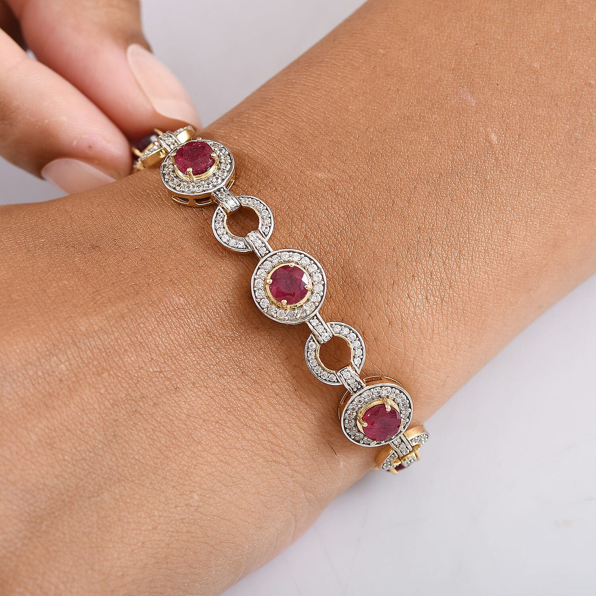 African Ruby, White Zircon Halo Bracelet (Size 7.5) with GB Box Clasp in Yellow Gold Plated Sterling Silver 14.27 Ct. 8206926 2