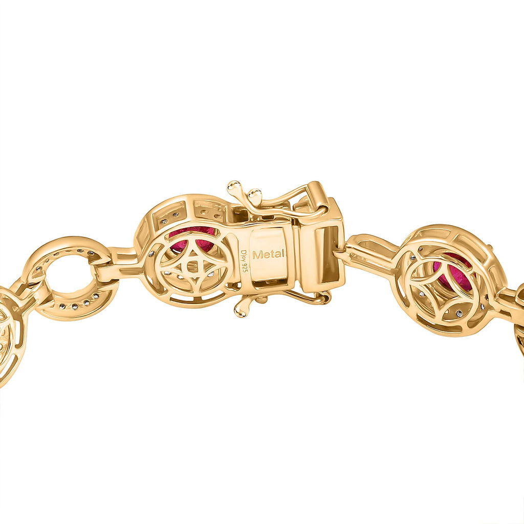African Ruby & White Zircon Cluster Bracelet (Size 7.5) in 18K Yellow Gold Plating Sterling Silver 14.27 Ct, Silver Wt. 16.00 Gms.