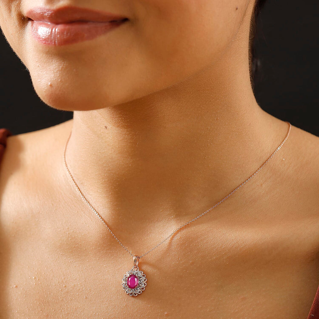 African Ruby, White Zircon  Cluster Pendant in 18K RG Vermeil Sterling Silver 2.590  Ct.