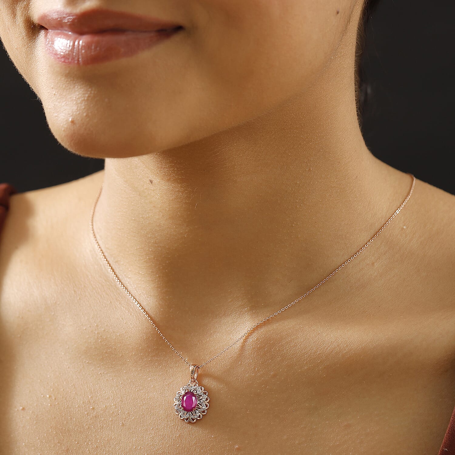 African Ruby, White Zircon  Cluster Pendant in 18K RG Vermeil Sterling Silver 2.590  Ct. 8046916 1