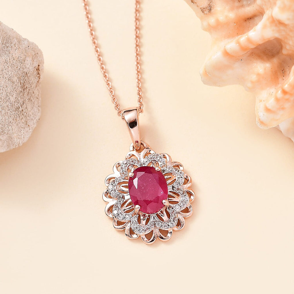 African Ruby, White Zircon  Cluster Pendant in 18K RG Vermeil Sterling Silver 2.590  Ct.