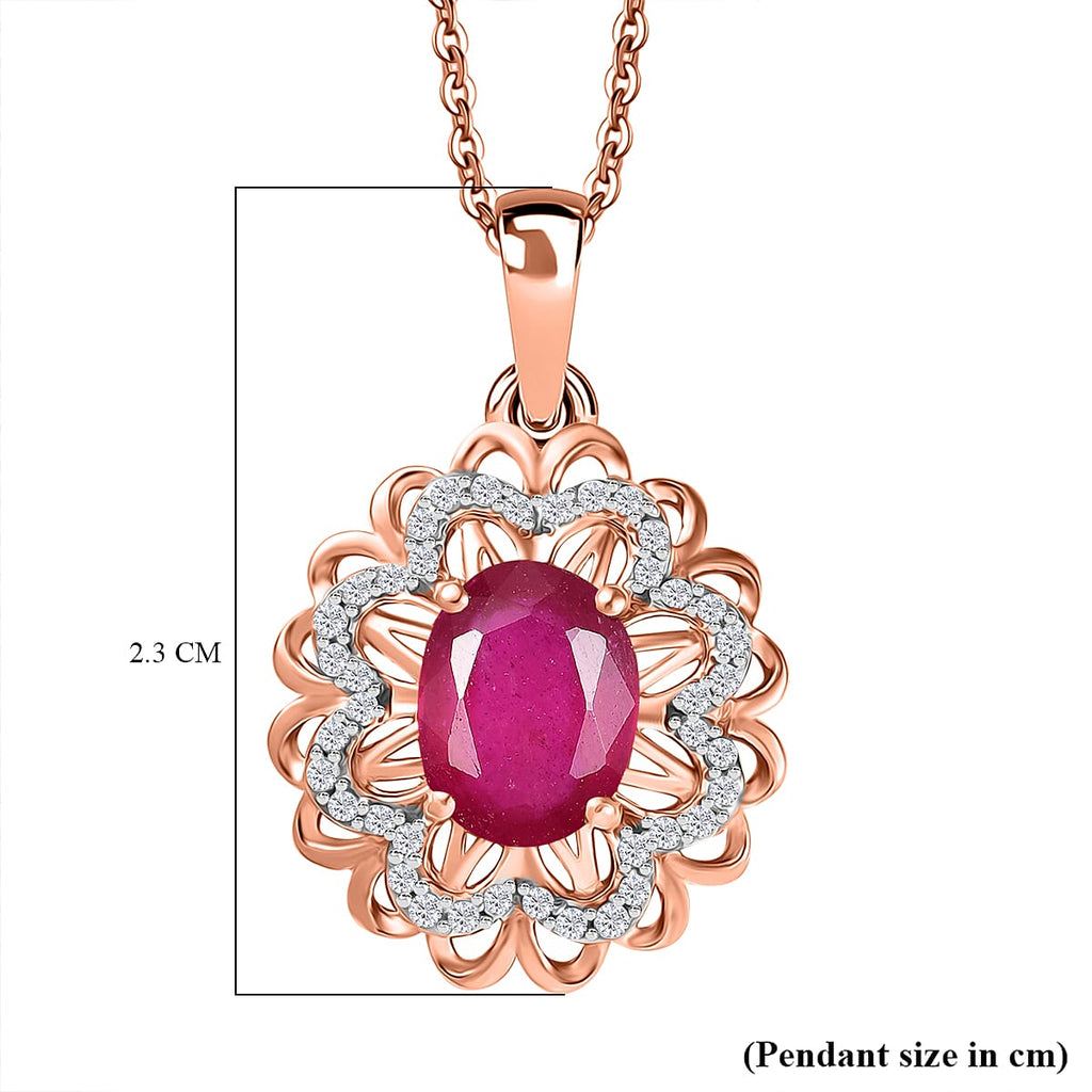 African Ruby, White Zircon  Cluster Pendant in 18K RG Vermeil Sterling Silver 2.590  Ct.