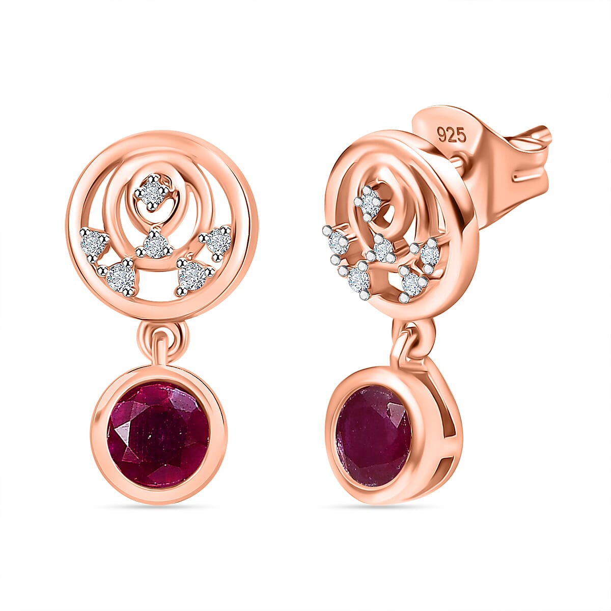 African Ruby &amp; White Zircon Dangling Earring in 18K Vermeil Rose Gold Plated Sterling Silver 1.70 Ct. 8045326 0