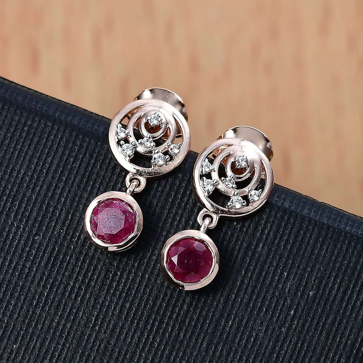 African Ruby &amp; White Zircon Dangling Earring in 18K Vermeil Rose Gold Plated Sterling Silver 1.70 Ct. 8045326 2