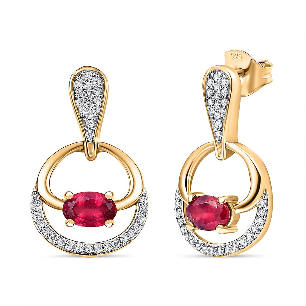 African Ruby & White Zircon Dangling Earring with Push Back in 18K Vermeil Yellow Gold Plated Sterling Silver 2.63 Ct.