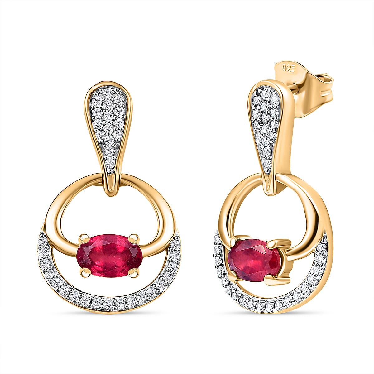 African Ruby &amp; White Zircon Dangling Earring with Push Back in 18K Vermeil Yellow Gold Plated Sterling Silver 2.63 Ct. 8043634 0