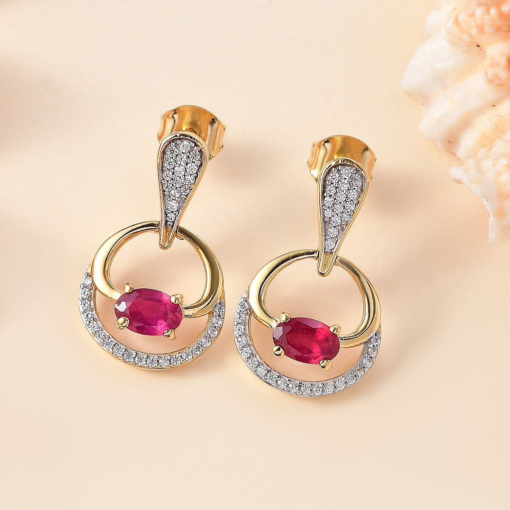 African Ruby & White Zircon Dangling Earring with Push Back in 18K Vermeil Yellow Gold Plated Sterling Silver 2.63 Ct.