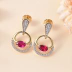 African Ruby & White Zircon Dangling Earring with Push Back in 18K Vermeil Yellow Gold Plated Sterling Silver 2.63 Ct.