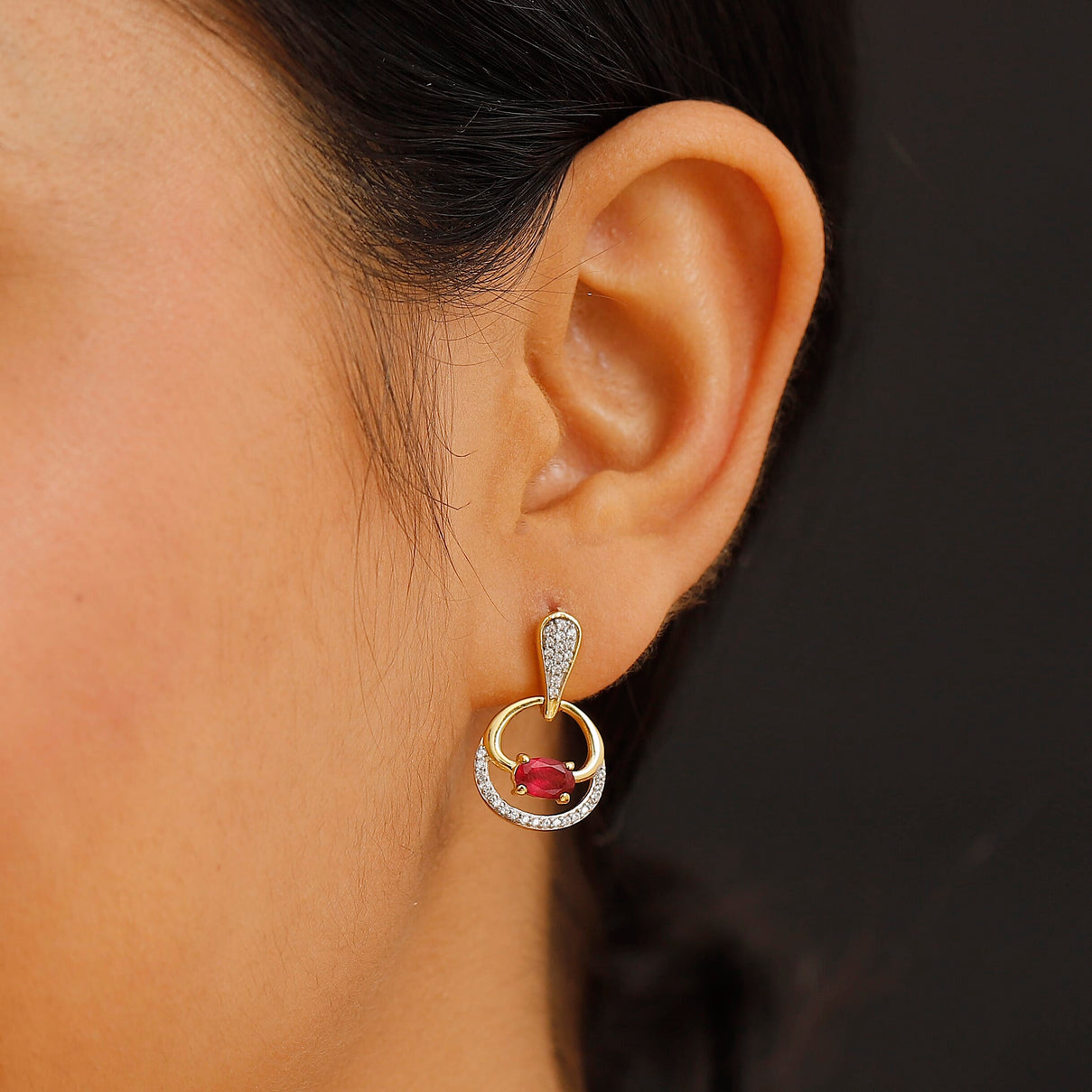 African Ruby &amp; White Zircon Dangling Earring with Push Back in 18K Vermeil Yellow Gold Plated Sterling Silver 2.63 Ct. 8043634 3