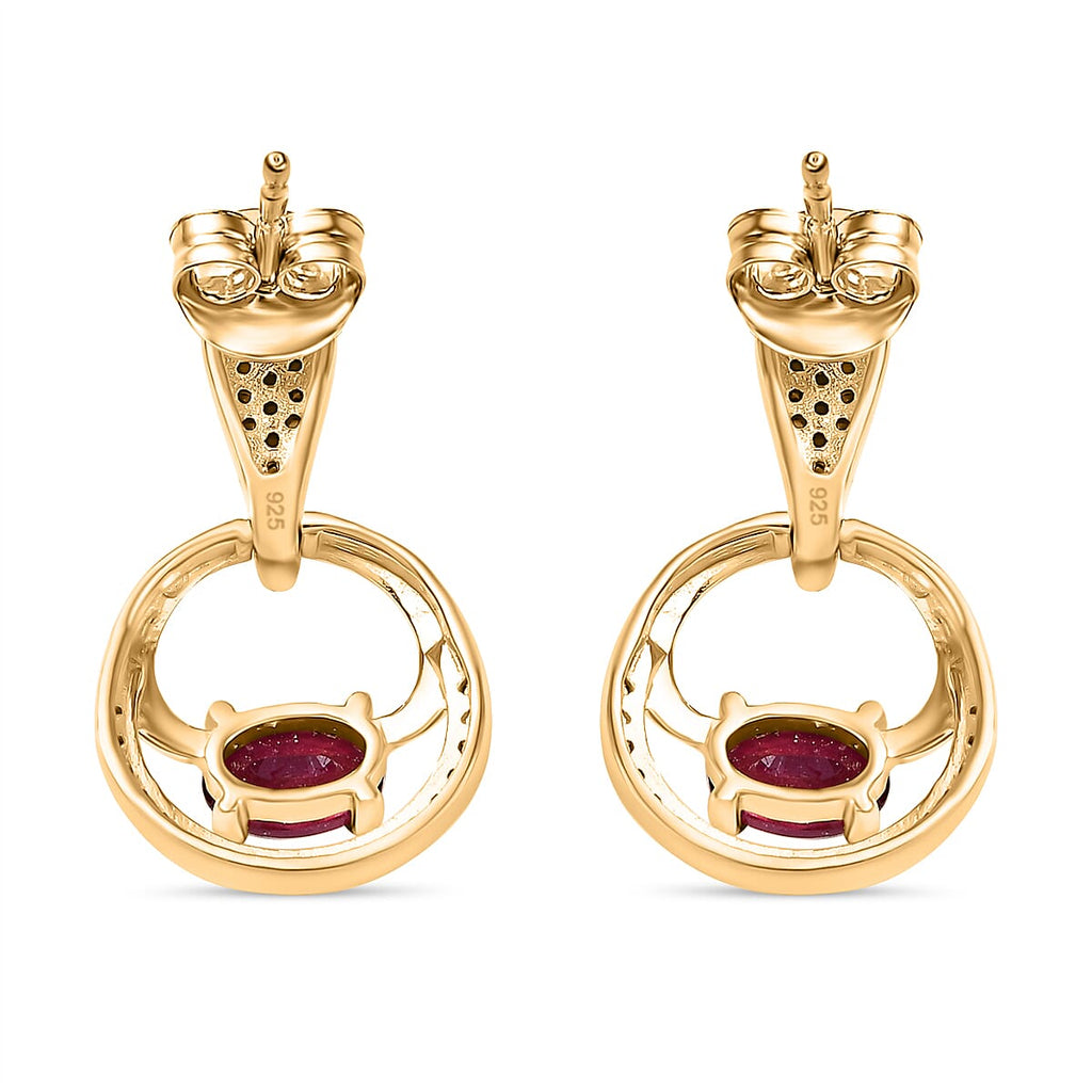 African Ruby & White Zircon Dangling Earring with Push Back in 18K Vermeil Yellow Gold Plated Sterling Silver 2.63 Ct.