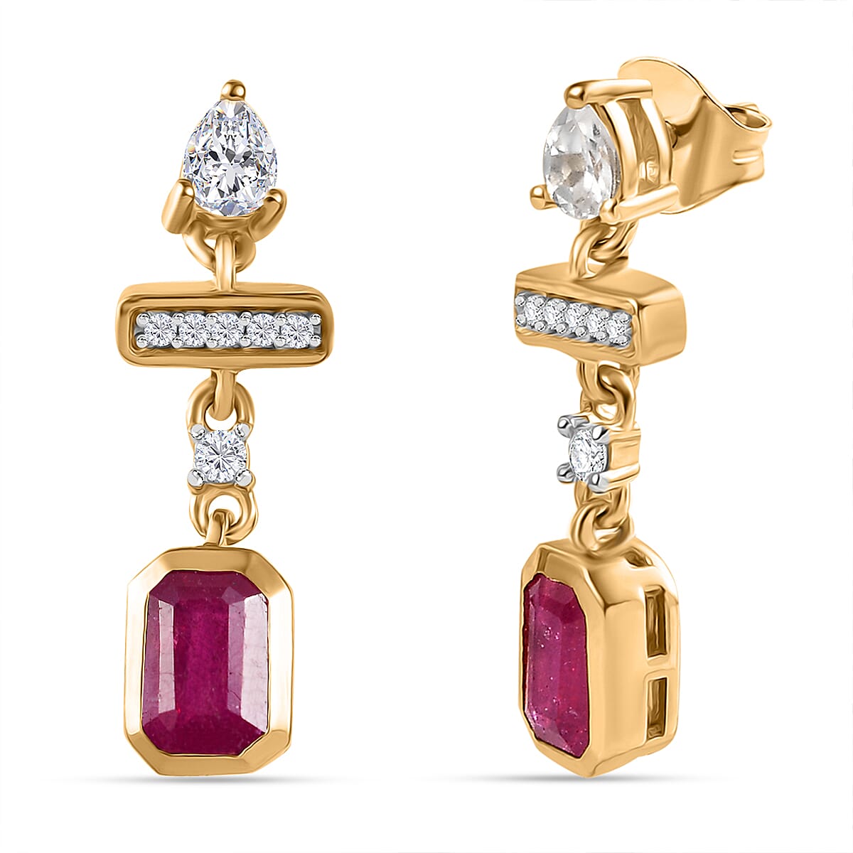 African Ruby &amp; White Zircon Dangling Push Back Earring in 18K Vermeil Yellow Gold Plated Sterling Silver 2.46 Ct. 8046911 0