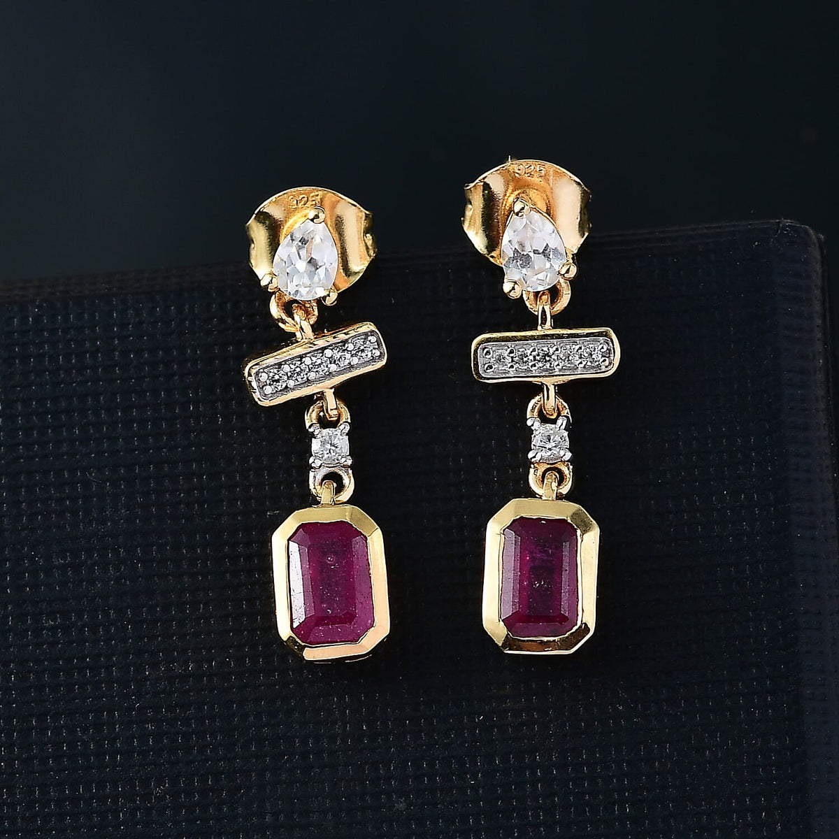 African Ruby &amp; White Zircon Dangling Push Back Earring in 18K Vermeil Yellow Gold Plated Sterling Silver 2.46 Ct. 8046911 1