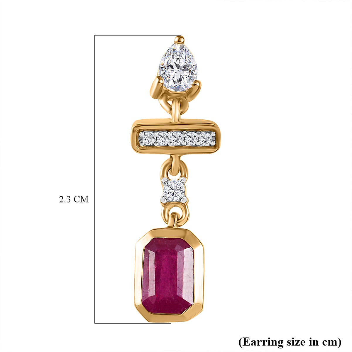 African Ruby &amp; White Zircon Dangling Push Back Earring in 18K Vermeil Yellow Gold Plated Sterling Silver 2.46 Ct. 8046911 4