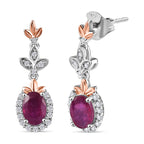 African Ruby & White Zircon Dangling Earring with Push Back in 18K Vermeil Rose Gold Plated & Rhodium Overlay Sterling Silver 2.82 Ct.