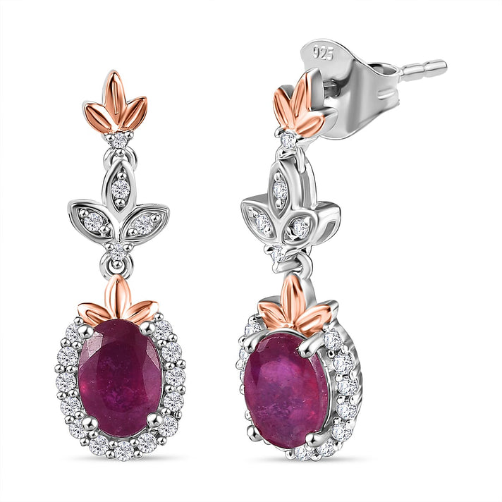 African Ruby &amp; White Zircon Dangling Earring with Push Back in 18K Vermeil Rose Gold Plated &amp; Rhodium Overlay Sterling Silver 2.82 Ct. 8042116 1