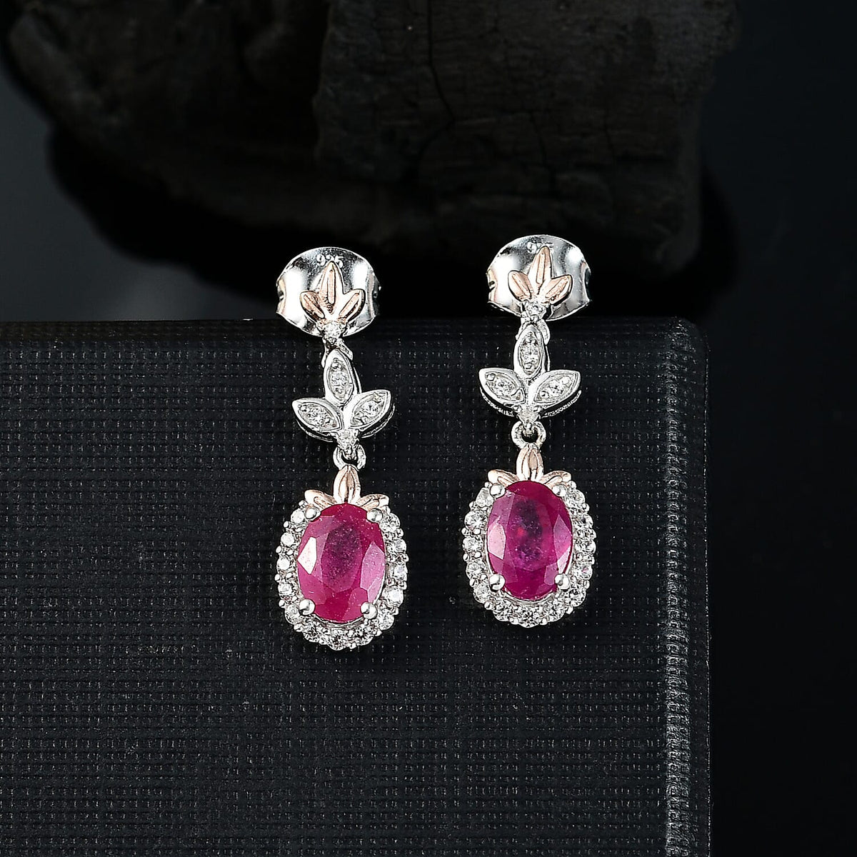 African Ruby &amp; White Zircon Dangling Earring with Push Back in 18K Vermeil Rose Gold Plated &amp; Rhodium Overlay Sterling Silver 2.82 Ct. 8042116 1