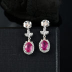 African Ruby & White Zircon Dangling Earring with Push Back in 18K Vermeil Rose Gold Plated & Rhodium Overlay Sterling Silver 2.82 Ct.