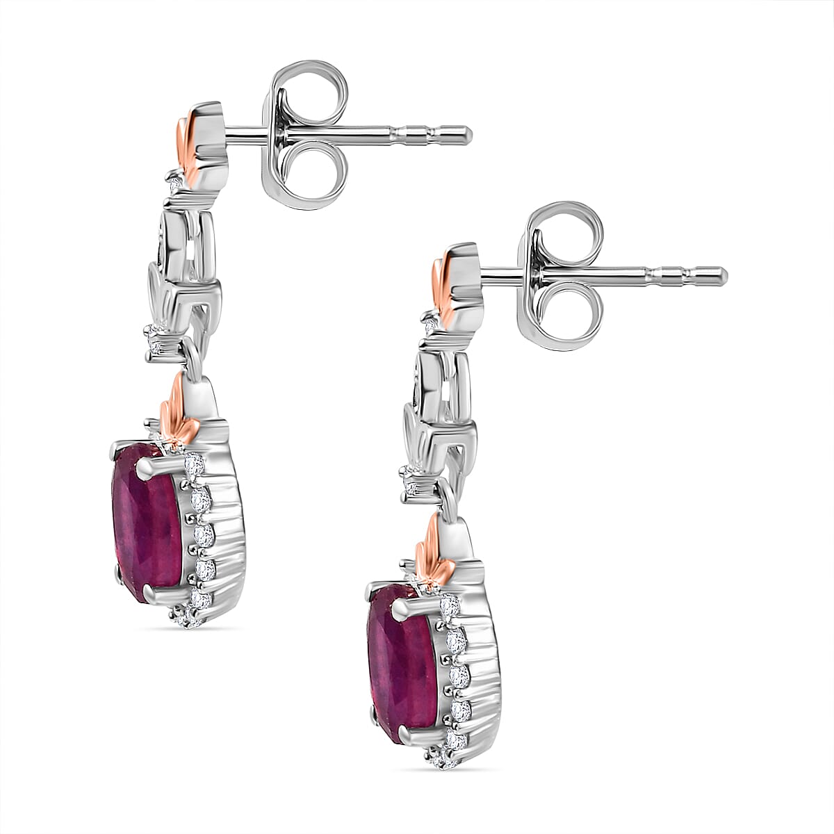 African Ruby &amp; White Zircon Dangling Earring with Push Back in 18K Vermeil Rose Gold Plated &amp; Rhodium Overlay Sterling Silver 2.82 Ct. 8042116 3