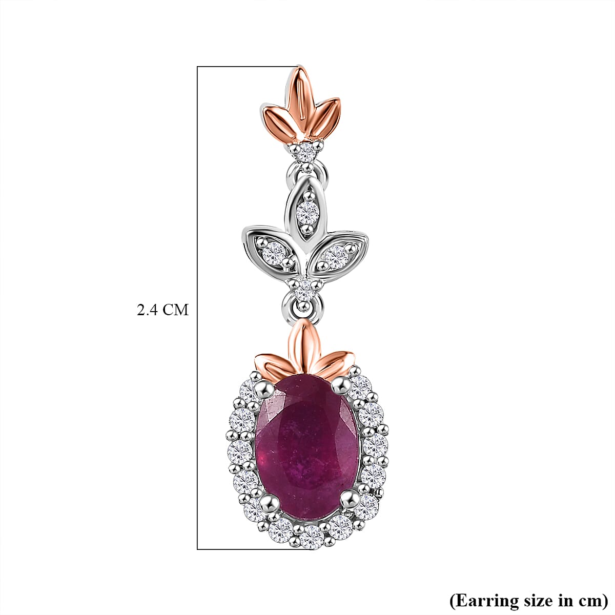 African Ruby &amp; White Zircon Dangling Earring with Push Back in 18K Vermeil Rose Gold Plated &amp; Rhodium Overlay Sterling Silver 2.82 Ct. 8042116 4