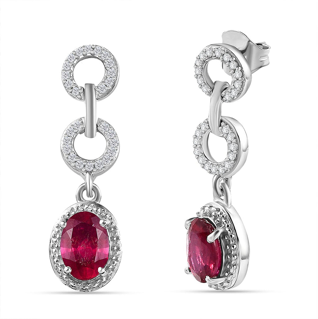 African Ruby & White Zircon Dangling Earring with Push Back in Rhodium Overlay Sterling Silver 3.40 Ct.