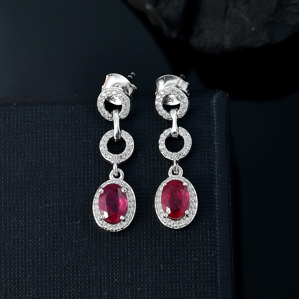 African Ruby & White Zircon Dangling Earring with Push Back in Rhodium Overlay Sterling Silver 3.40 Ct.