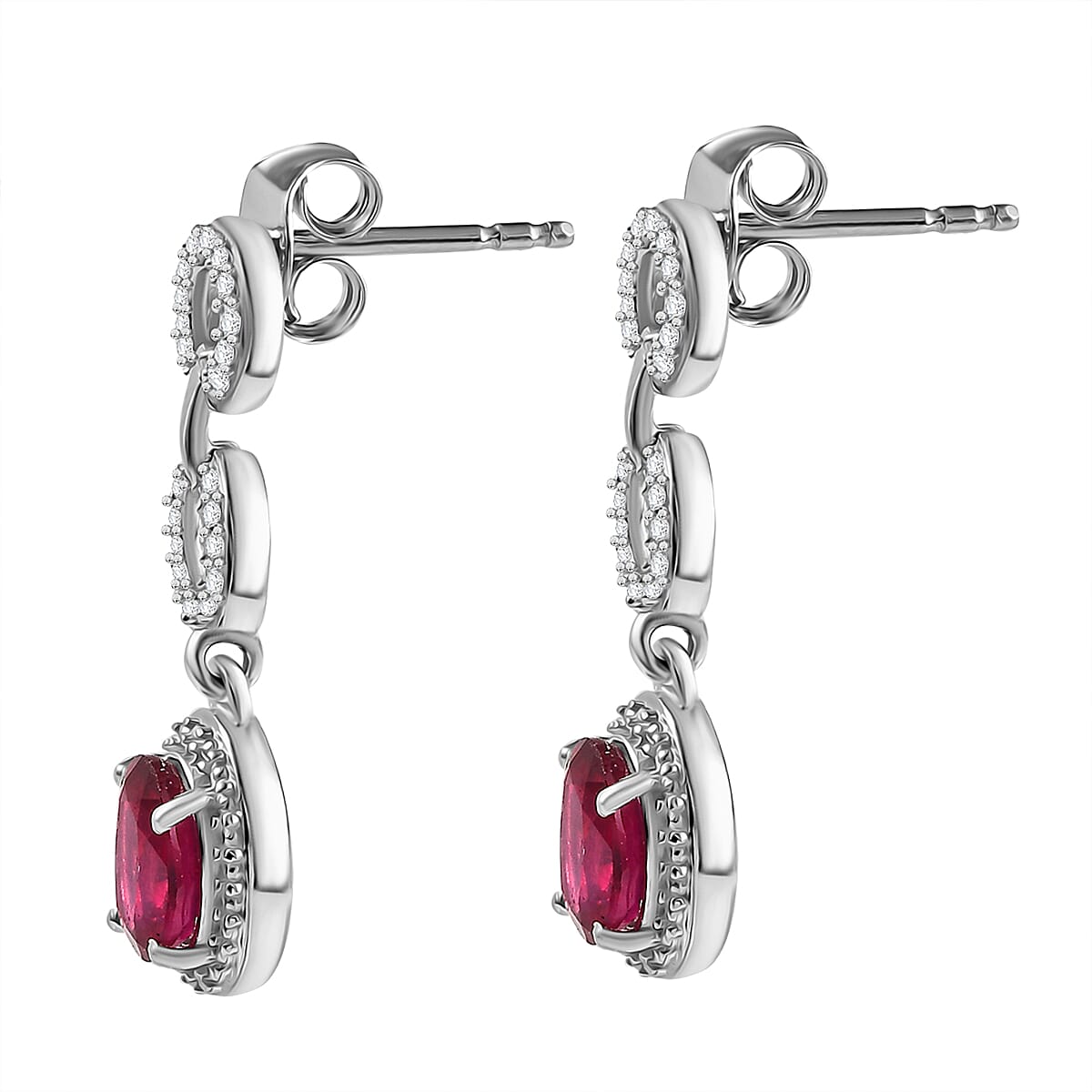 African Ruby &amp; White Zircon Dangling Earring with Push Back in Rhodium Overlay Sterling Silver 3.40 Ct. 8043613 3