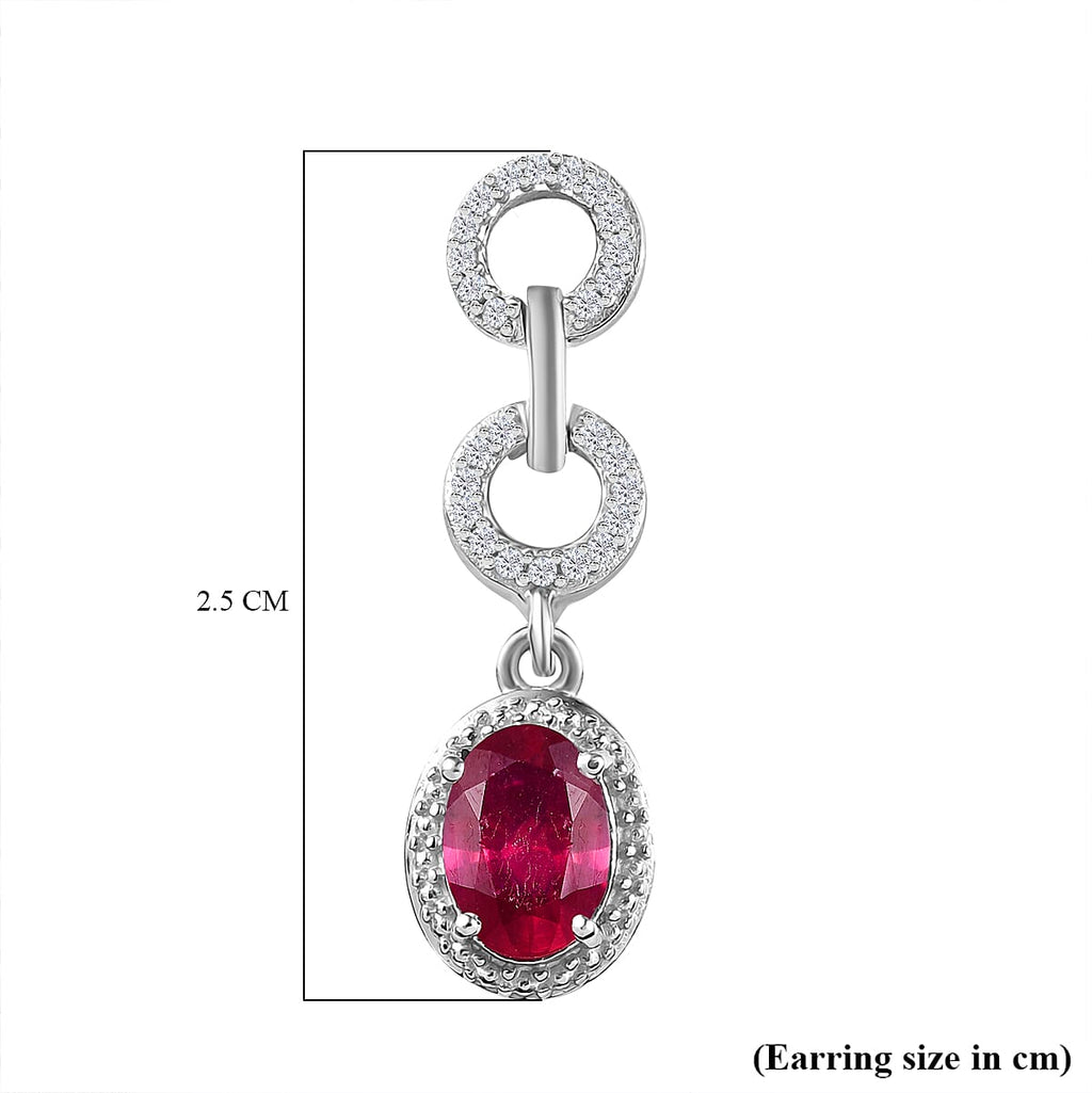 African Ruby & White Zircon Dangling Earring with Push Back in Rhodium Overlay Sterling Silver 3.40 Ct.