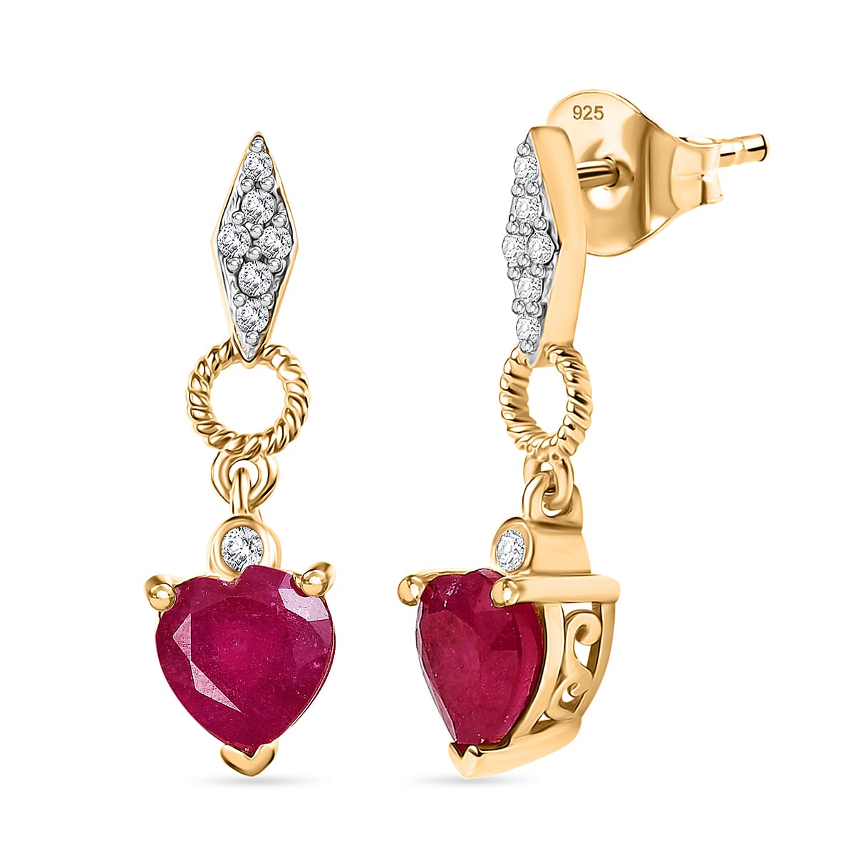 African Ruby &amp; White Zircon Dangling Earring with Push Back in 18K Vermeil Yellow Gold Plated Sterling Silver 2.43 Ct. 8047683 0