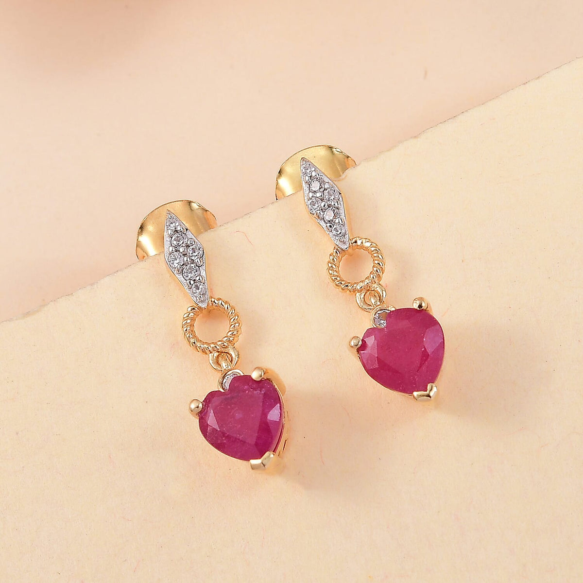 African Ruby &amp; White Zircon Dangling Earring with Push Back in 18K Vermeil Yellow Gold Plated Sterling Silver 2.43 Ct. 8047683 2