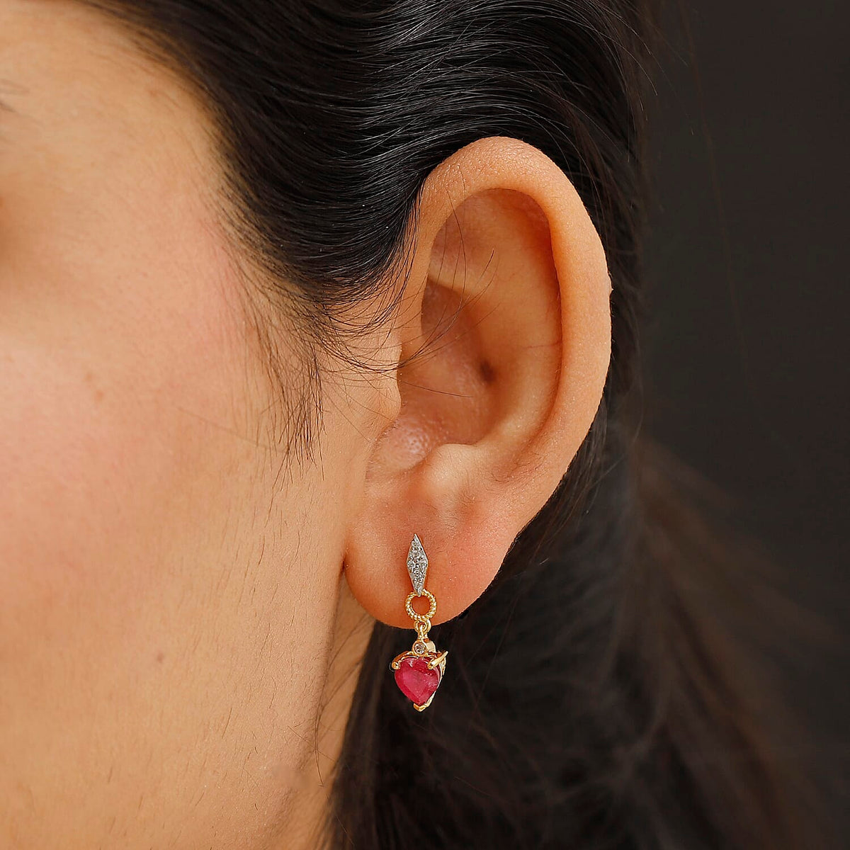 African Ruby &amp; White Zircon Dangling Earring with Push Back in 18K Vermeil Yellow Gold Plated Sterling Silver 2.43 Ct. 8047683 3