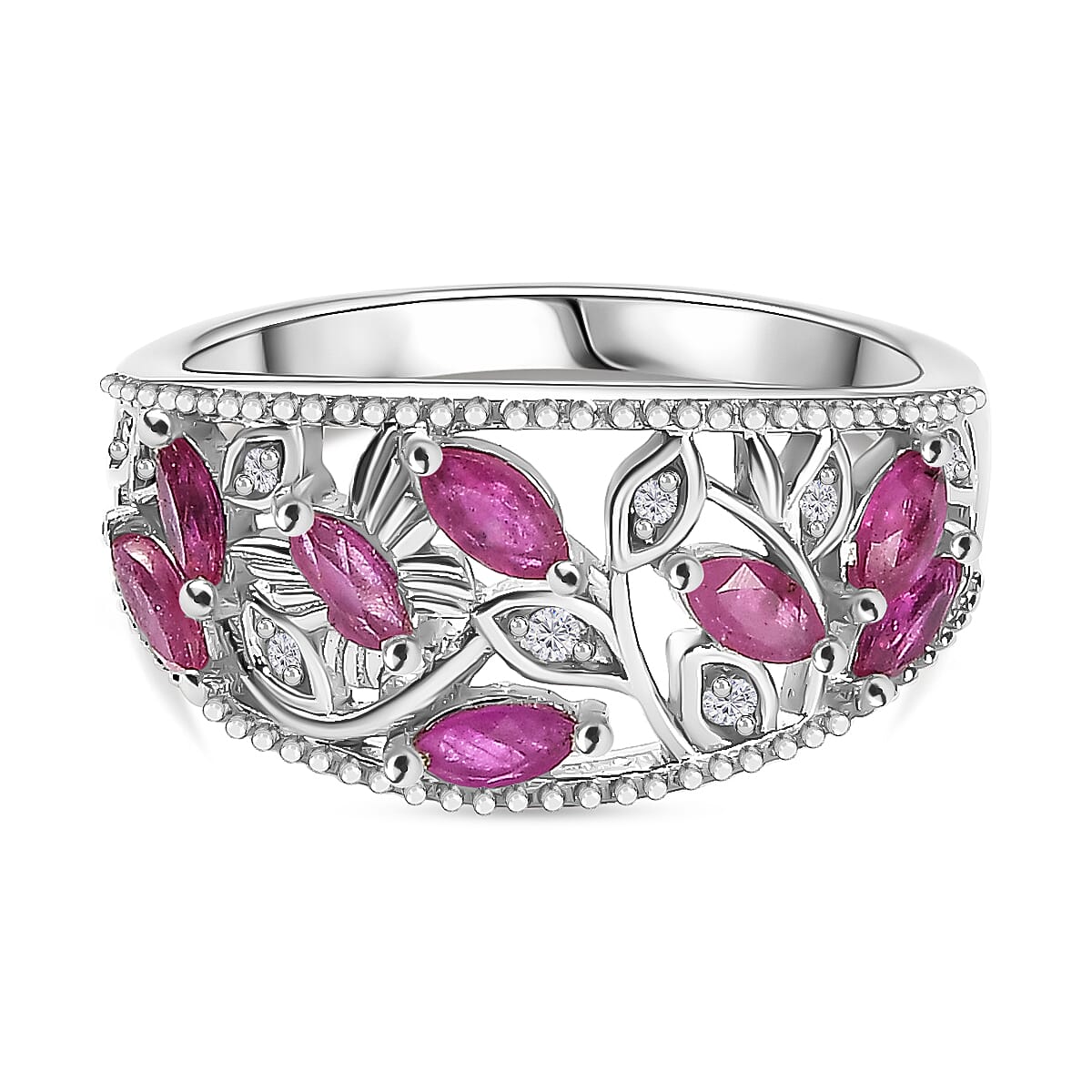 Ruby and Natural Zircon Leaf Ring in Rhodium Overlay Sterling Silver 7819000 0