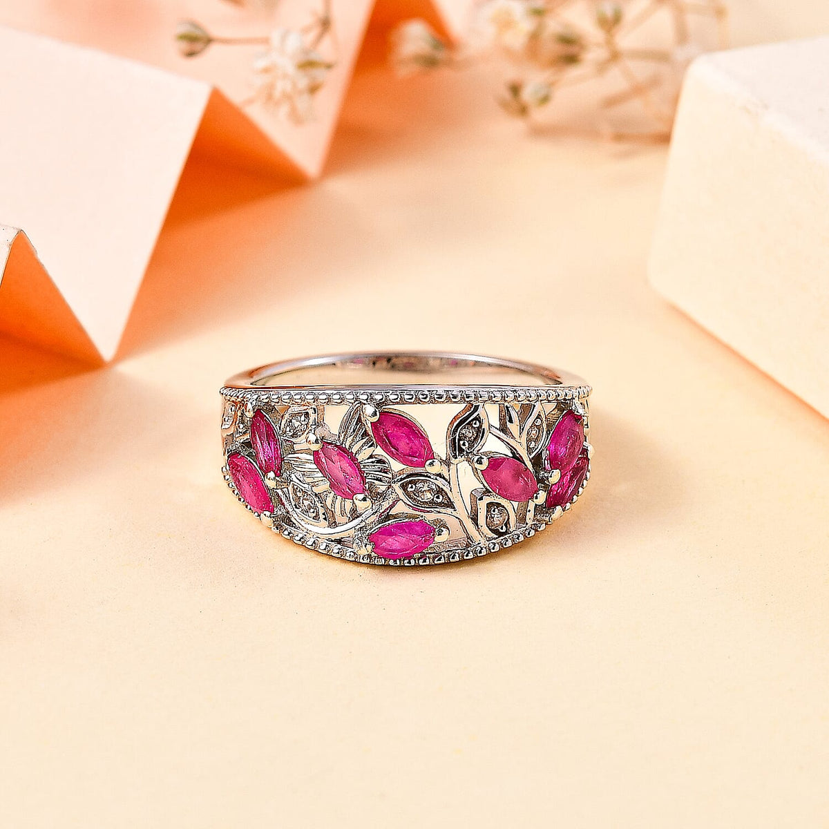 Ruby and Natural Zircon Leaf Ring in Rhodium Overlay Sterling Silver 7819000 2