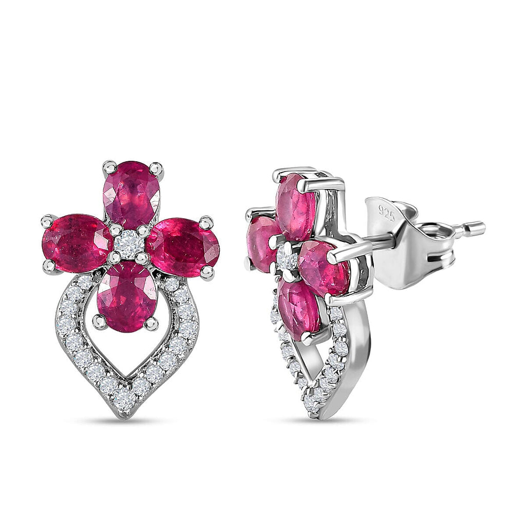 African Ruby and Natural Zircon Earrings in Platinum Overlay Sterling Silver 4.34 Ct