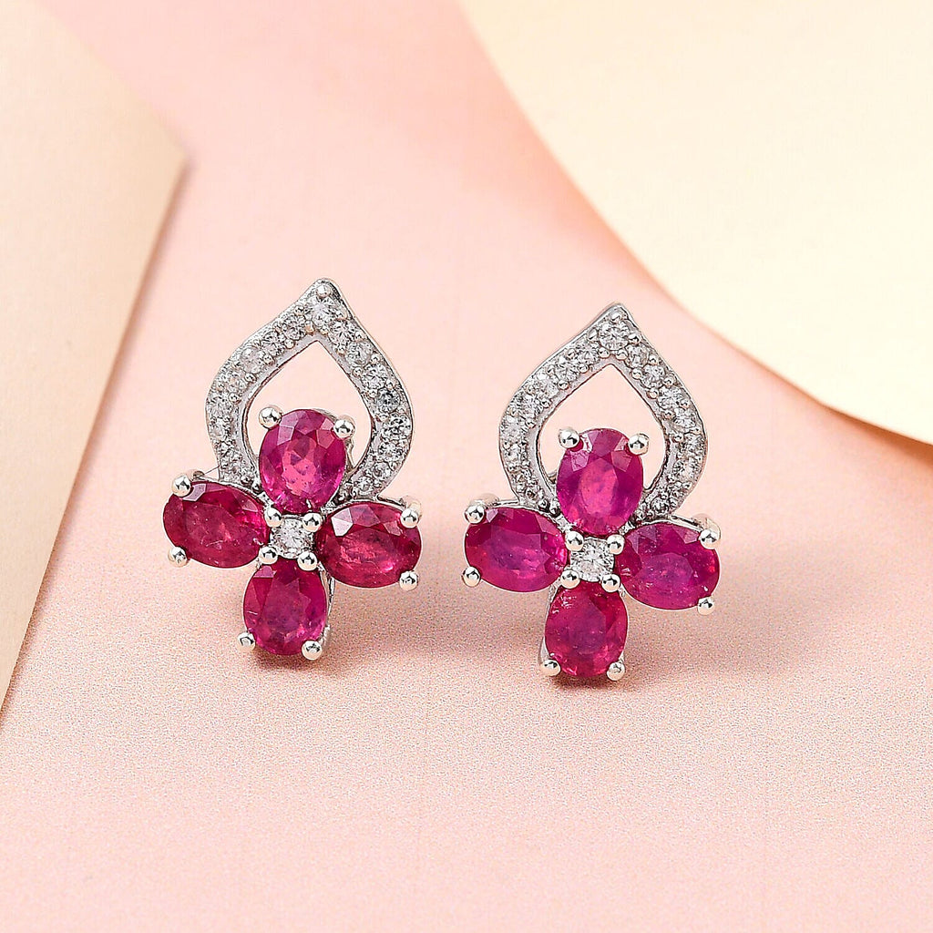 African Ruby and Natural Zircon Earrings in Platinum Overlay Sterling Silver 4.34 Ct