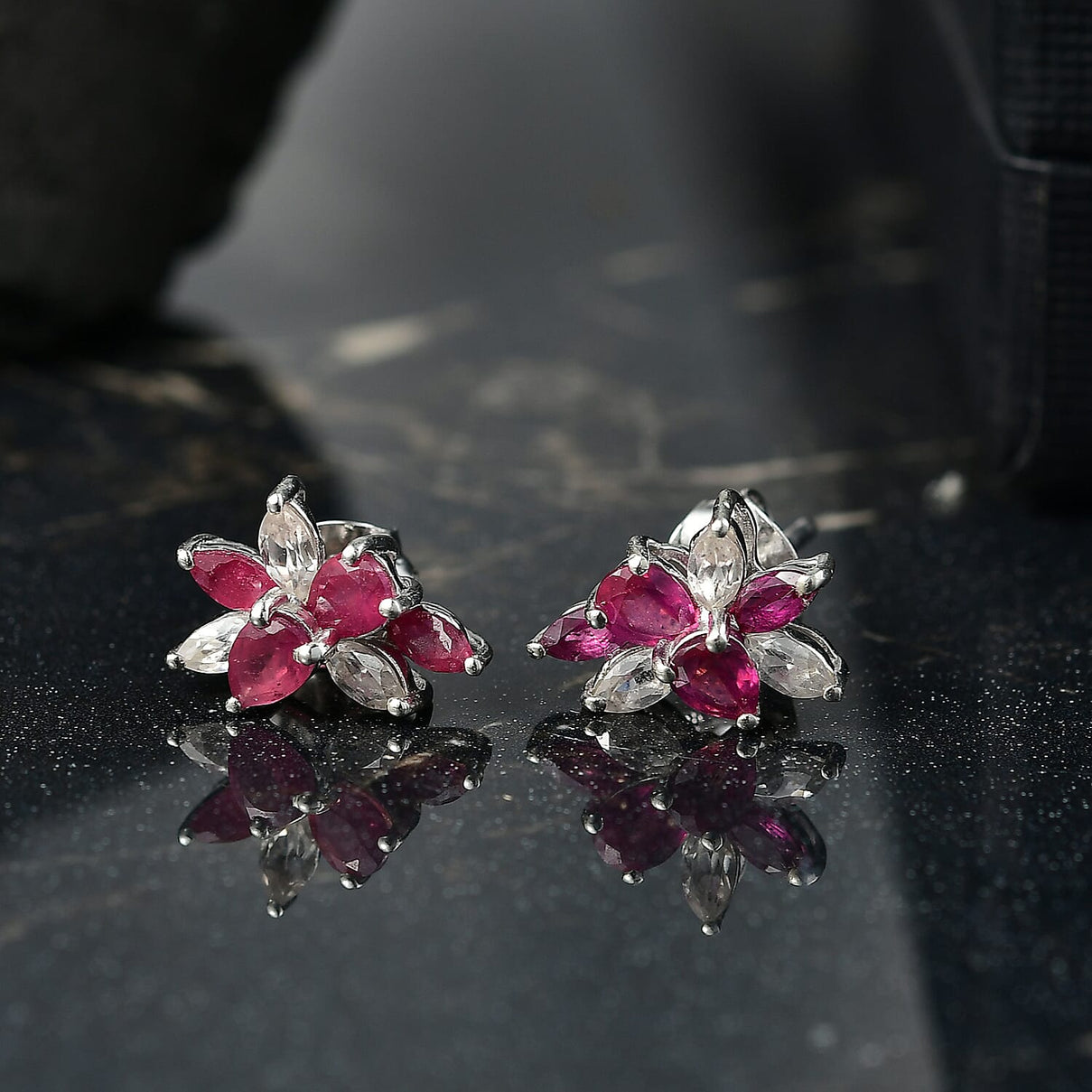 African Ruby &amp; White Zircon Earring in Rhodium Overlay Sterling Silver 1.80 Ct. 8211569 2