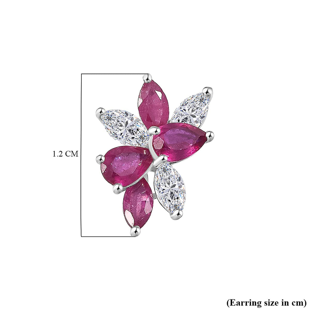 African Ruby & White Zircon Earring in Rhodium Overlay Sterling Silver 1.80 Ct.