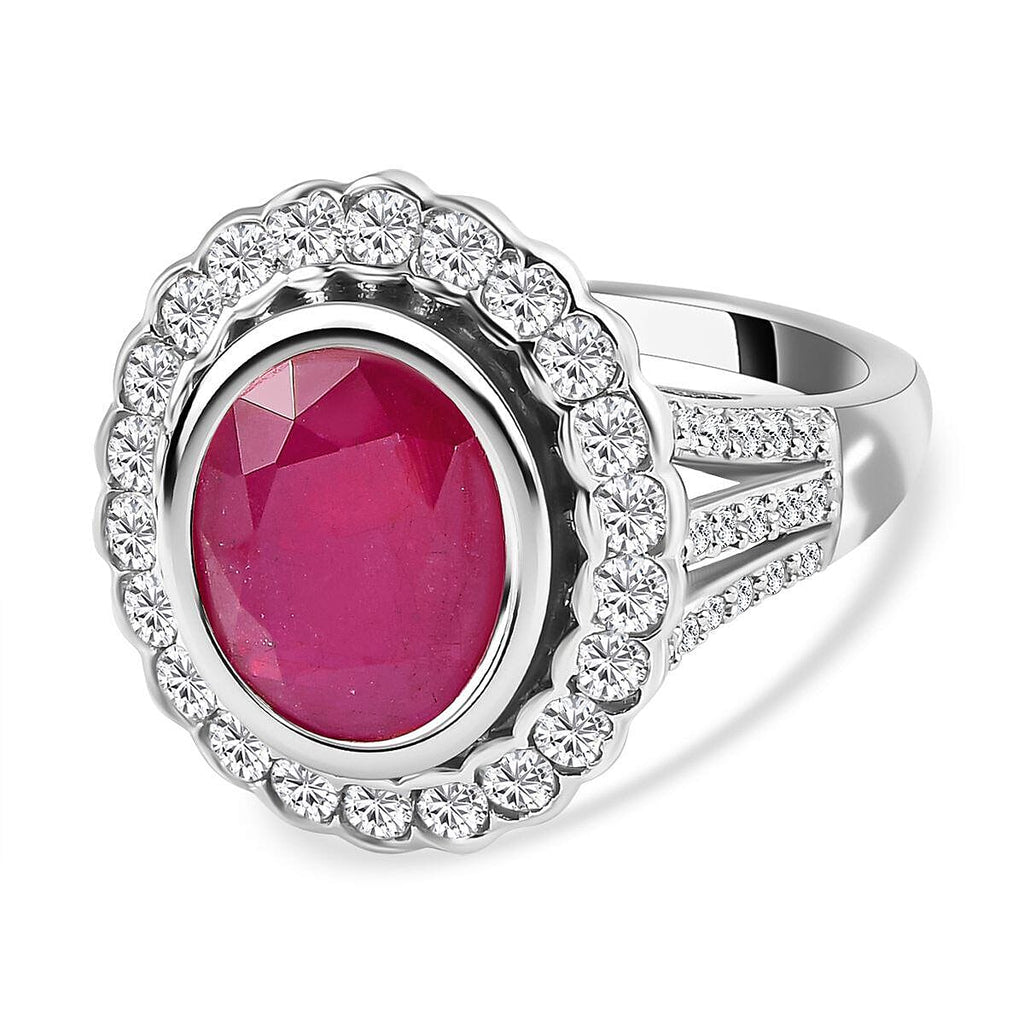African Ruby and Natural Zircon Ring in Platinum Overlay Sterling Silver 7.07 Ct.