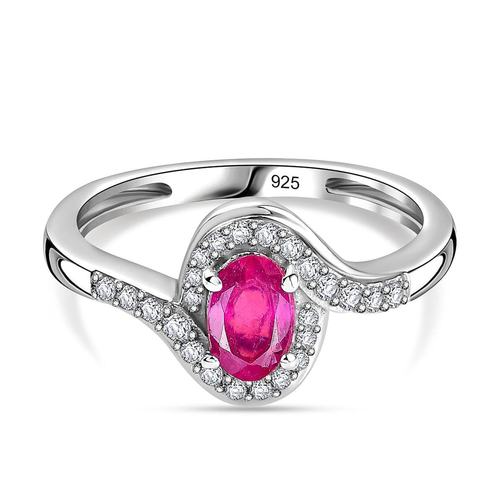African Ruby & Natural Zircon Bypass Ring in Platinum Overlay Sterling Silver