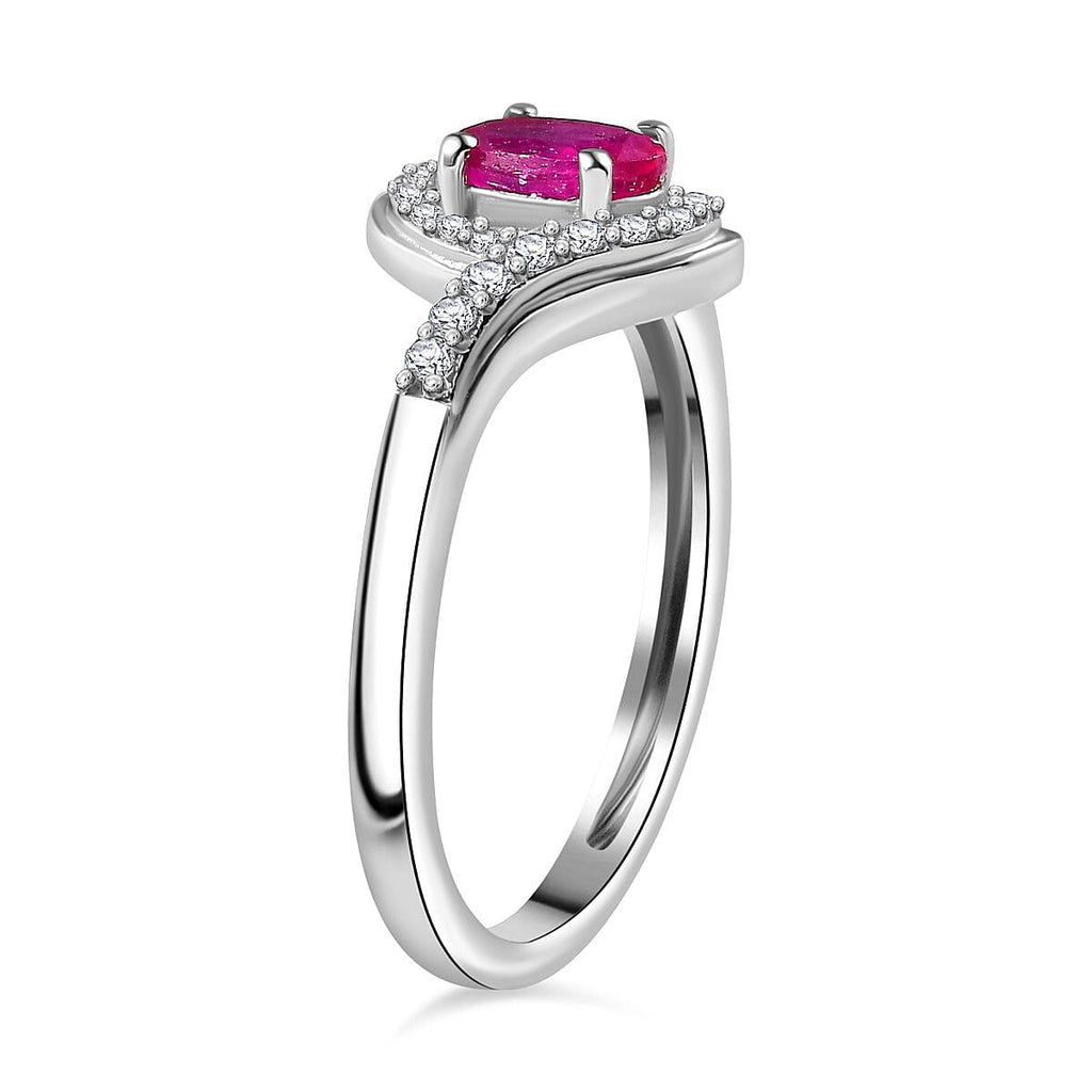 African Ruby & Natural Zircon Bypass Ring in Platinum Overlay Sterling Silver