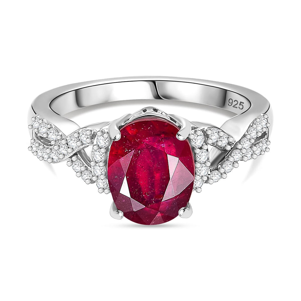 African Ruby, White Zircon  Main Stone With Side Stone Ring in Rhodium Sterling Silver Ct 3.25.
