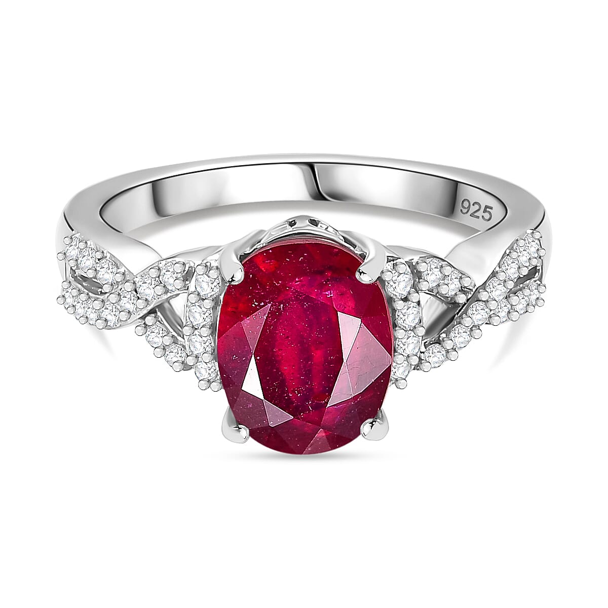 African Ruby, White Zircon Ring in Rhodium Overlay Sterling Silver 3.25 Ct 7863096 0