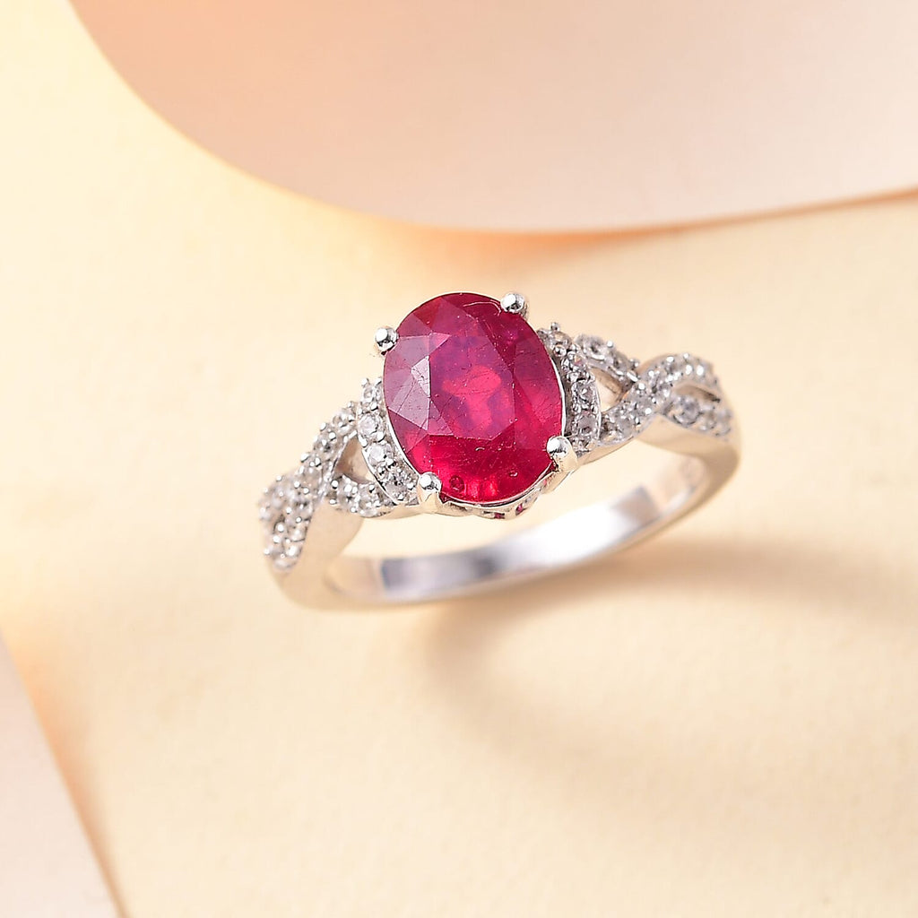African Ruby, White Zircon  Main Stone With Side Stone Ring in Rhodium Sterling Silver Ct 3.25.