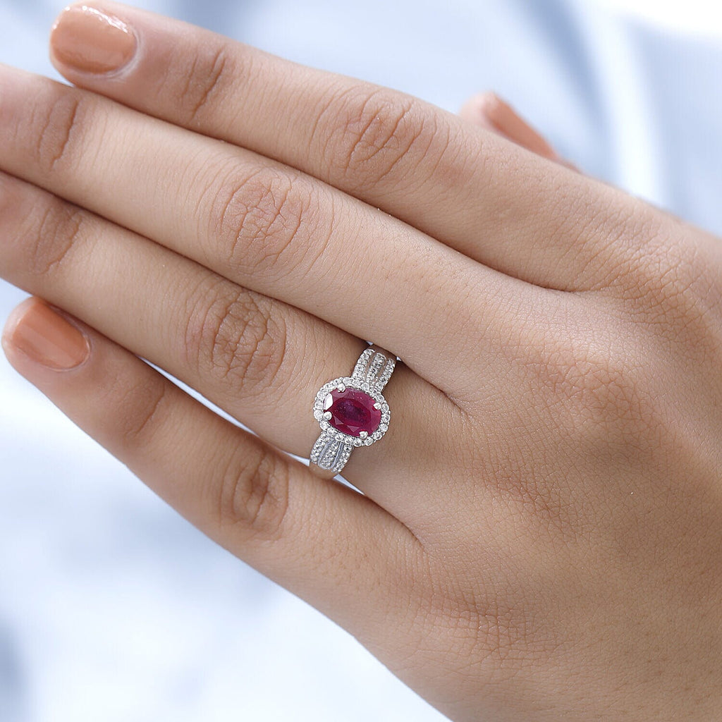 African Ruby and Natural Cambodian Zircon Ring in Platinum Overlay Sterling Silver 2.31 Ct